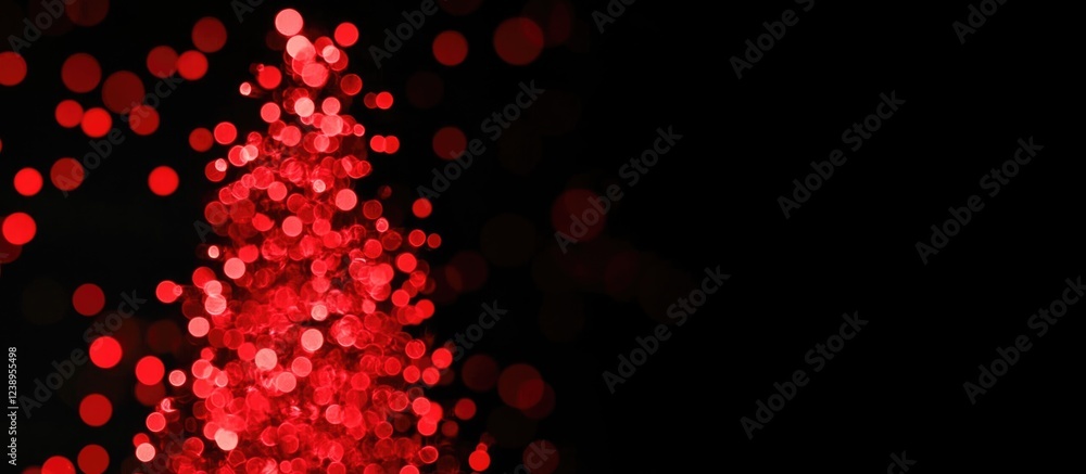 Poster Red bokeh Christmas tree illuminated on a dark background with festive lights and Copy Space for text placement