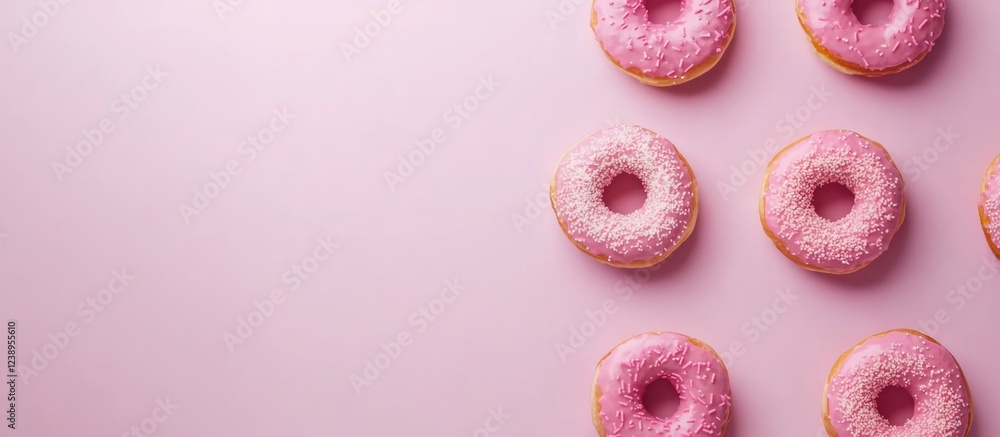 Poster pink frosted donuts arranged on a light pink background with empty space for text or design elements