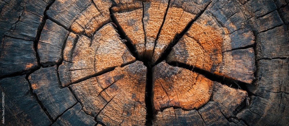Poster close-up of tree trunk cross-section showing circular growth rings and cracks in wood texture with w