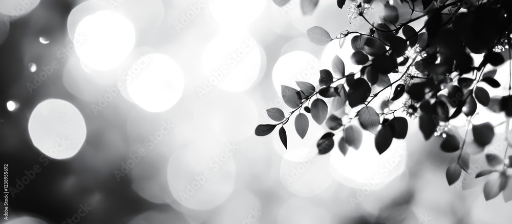 Aufkleber black and white image of leaves against a blurred bokeh background with light spots and copy space f
