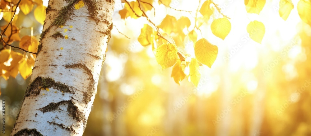 Poster autumn leaves on birch tree with sunlight shining through branches creating warm glow and textured b