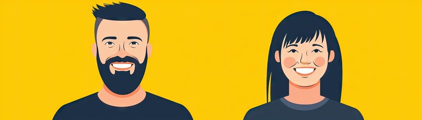 Obraz premium Happy diverse team, yellow background, website header