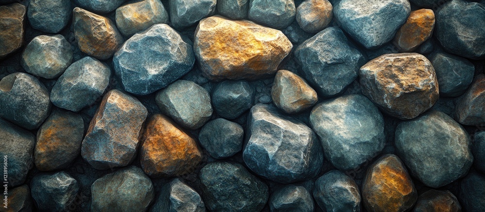 Poster textured background of various stones and pebbles in different colors and sizes arranged closely tog