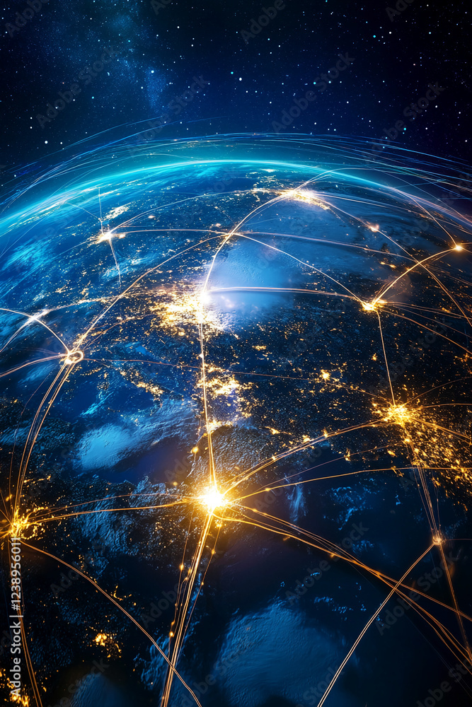 Poster Close-up view of Earth connected by glowing data lines, depicting the digital network and global connections across continents, showcasing the interconnected world and communication systems.