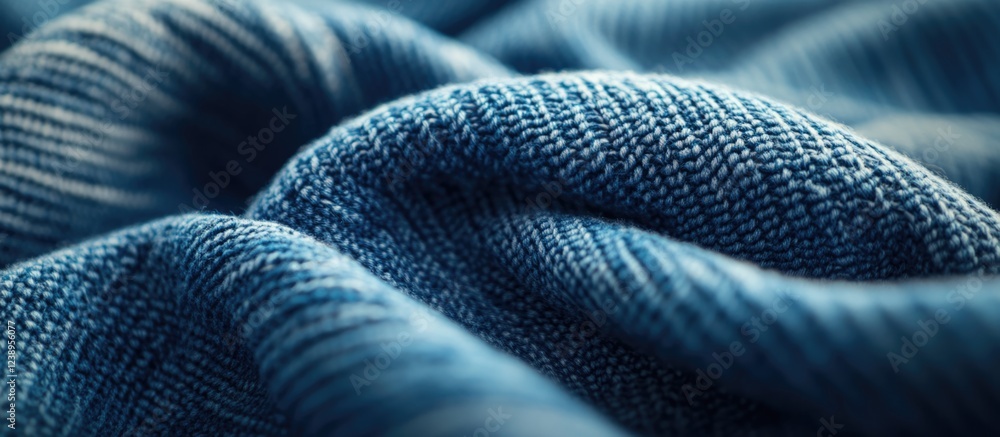 Poster close-up of textured blue denim fabric with intricate weave patterns and soft folds copy space