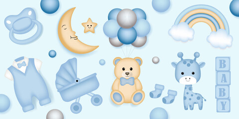 Baby shower elements with balloons, toys and rainbow on blue background. Greeting card, invitation, banner design template 