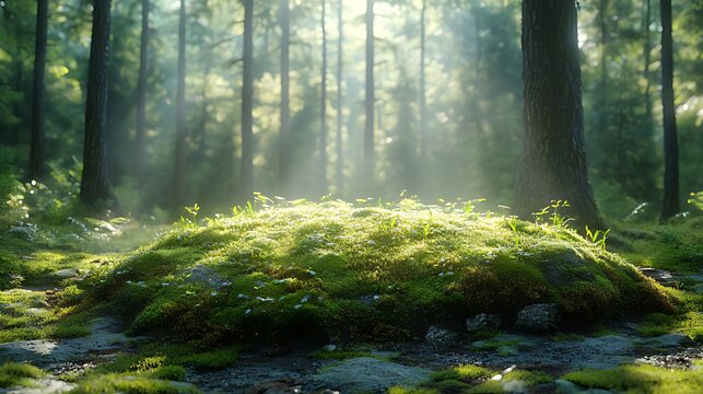 Sunlit mossy knoll in misty forest, nature background