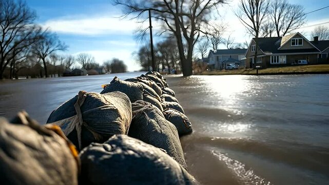 A wide view of a riverbank, where sandbags form a protective barrier, preventing floodwaters from encroaching on nearby homes.