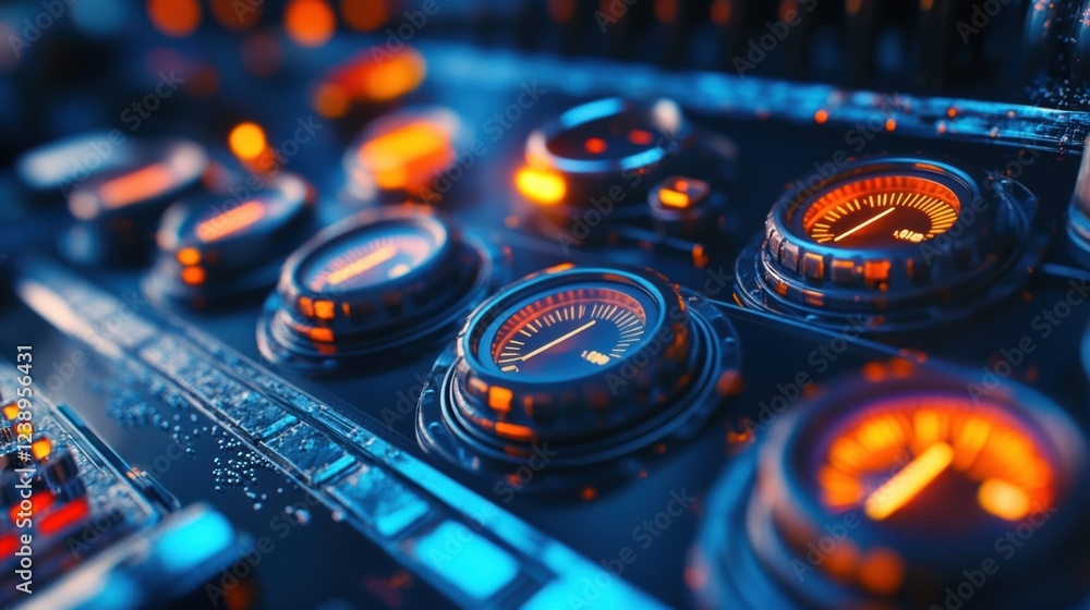 Poster futuristic control panel showing performance indicators with glowing lights, suggesting innovative p