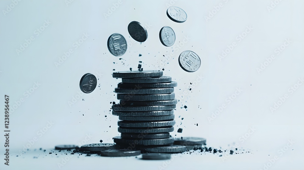 Poster stack of falling coins capturing unpredictable wealth dynamics