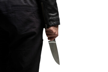 Metal blade in a hand isolated on white, transparent. Armed attack concept.