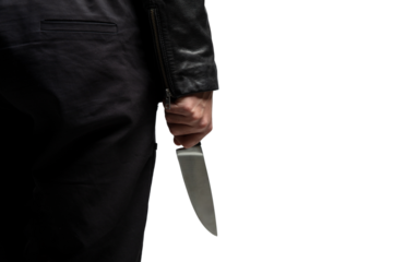 Metal blade in a hand isolated on white, transparent. Armed attack concept.