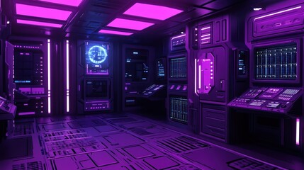 Futuristic Control Room With Purple Lighting And Advanced Technology