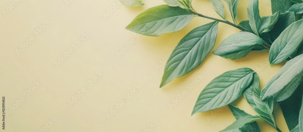 Poster green leaves arranged on a soft yellow background with ample copy space for text placement.