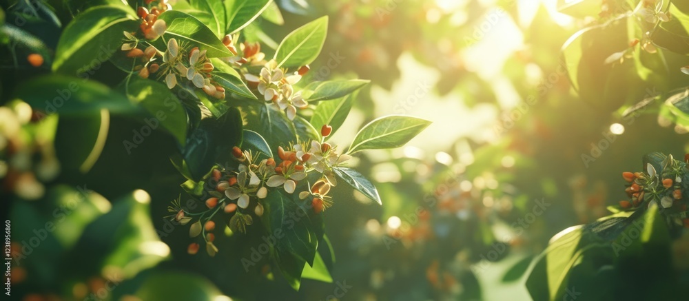 Poster flowering branches with sunlight filtering through leaves creating a natural and vibrant botanical s