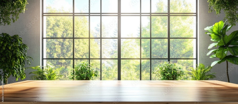 Poster modern interior with large windows showing greenery outside and wooden tabletop with copy space for 