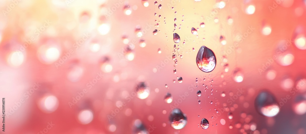Poster close-up of water droplets on a surface with a colorful blurred background and soft lighting featuri