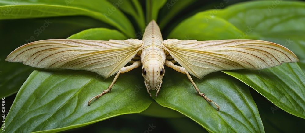Poster close-up of a pale moth resting on green leaves displaying intricate wing patterns and detailed text