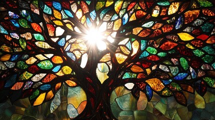 Stained glass tree with bright sunlight shining through colorful glass pieces creating pattern