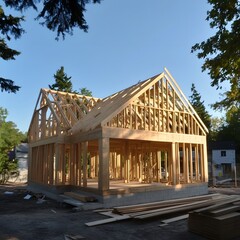 Ongoing Residential House Frame Construction Process on Worksite