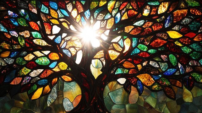 Stained glass tree with bright sunlight shining through colorful glass pieces creating pattern