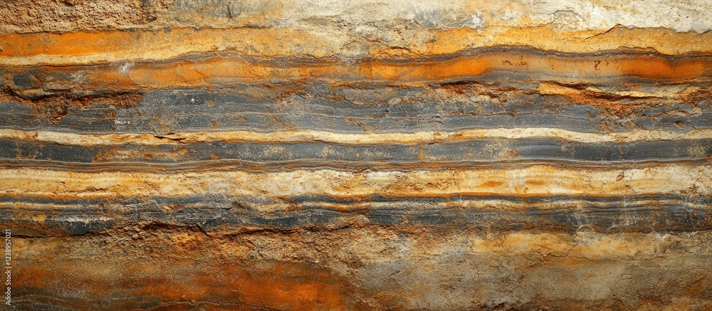 Poster sedimentary rock layers with distinct orange and gray stripes showcasing geological formations and t