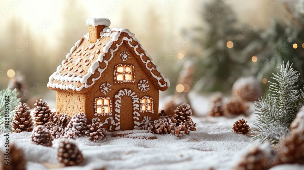 Poster gingerbread house with festive decorations surrounded by pine cones and snow in a winter setting wit