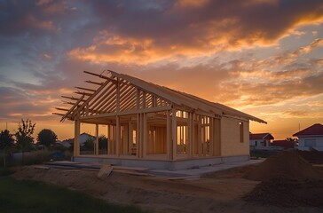 Obraz premium Wooden House Under Construction Against Vibrant Sunset Sky Capturing Elements of Home Building