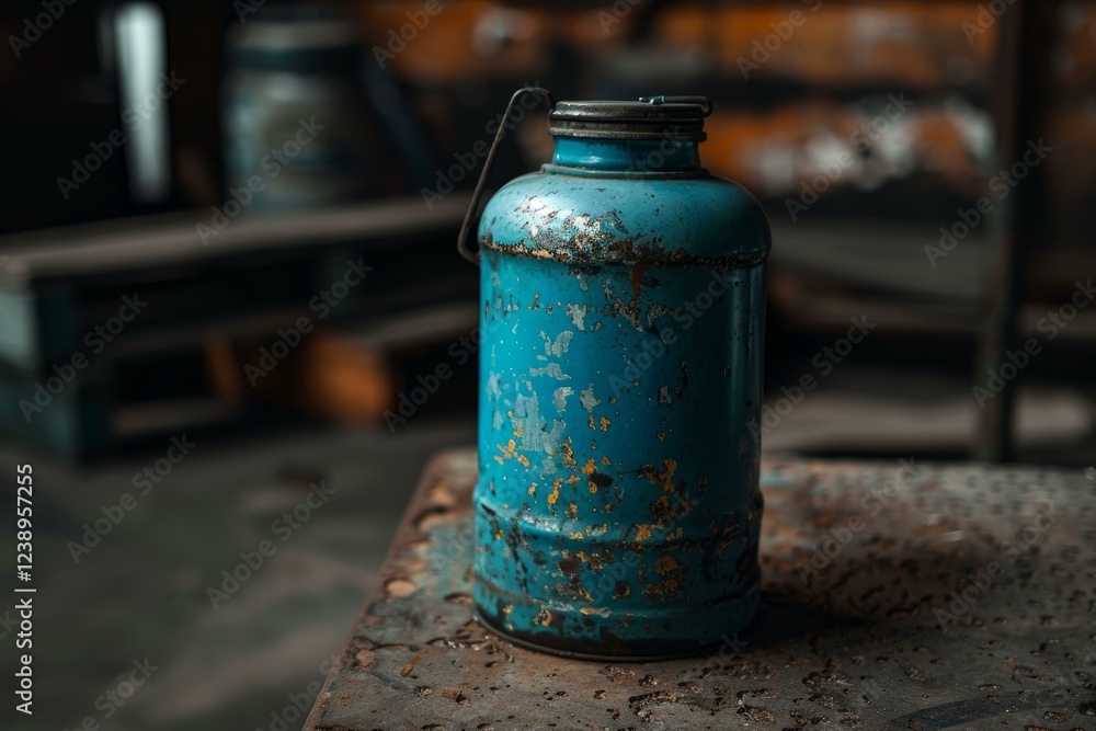 Aufkleber old blue rusty metal can with a handle is standing on a dirty metal surface in a workshop, showing t