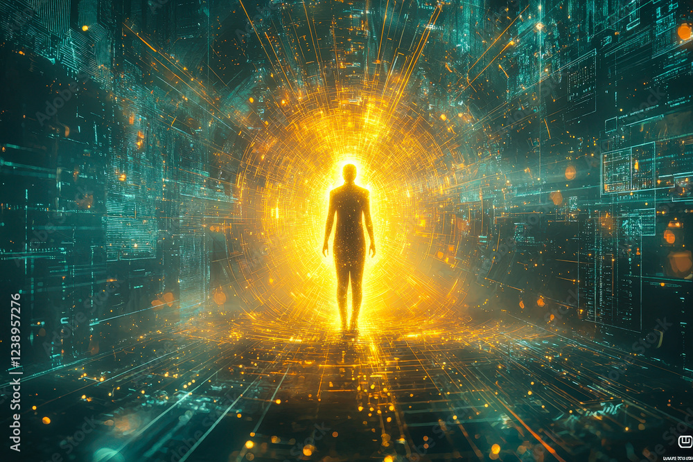 Aufkleber A figure stands in the center of a radiant digital portal, surrounded by pulsating lights and intricate patterns, creating a sense of emerging from another realm