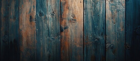 Obraz premium Weathered wooden planks in dark and light blue tones with rough texture and visible knots ideal for backgrounds or design use Copy Space