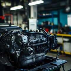 Fototapeta premium Closeup of Car Engine and Auto Repair Workshop Equipment