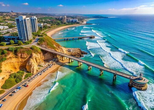 Herzliya Beach Aerial: Coastal Elevators & Bridge to Acadia Coastline, Israel
