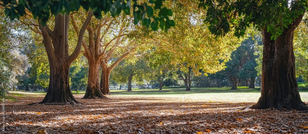 Poster lush green park with sunlight filtering through trees and fallen leaves on the ground in an autumn s