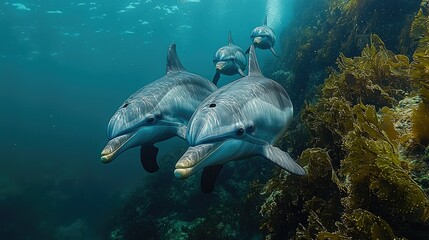 Fototapeta premium Dolphins swimming near kelp forest in ocean