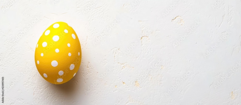 Poster yellow easter egg with white polka dots on textured white background with ample copy space for text 