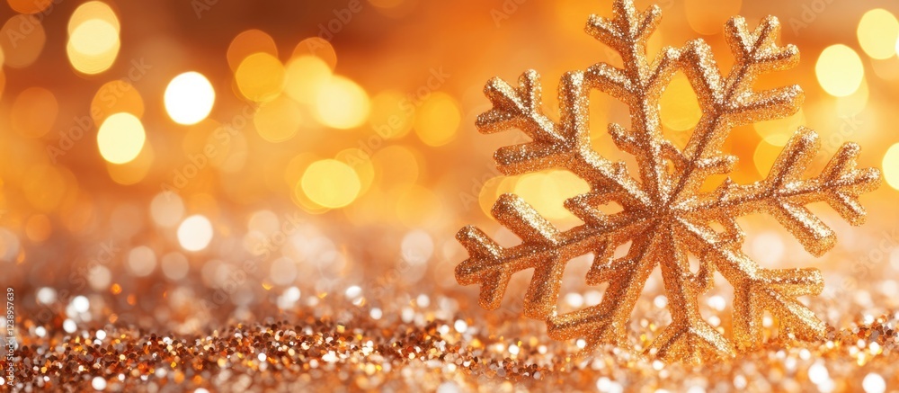 Poster golden snowflake decoration on sparkling glitter background with bokeh lights creating a festive atm