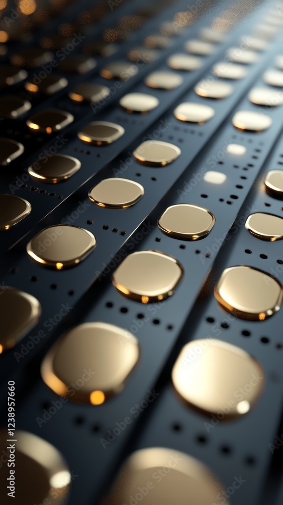 Poster digital background featuring a chaotic arrangement of shiny, golden circular buttons on a sleek blac