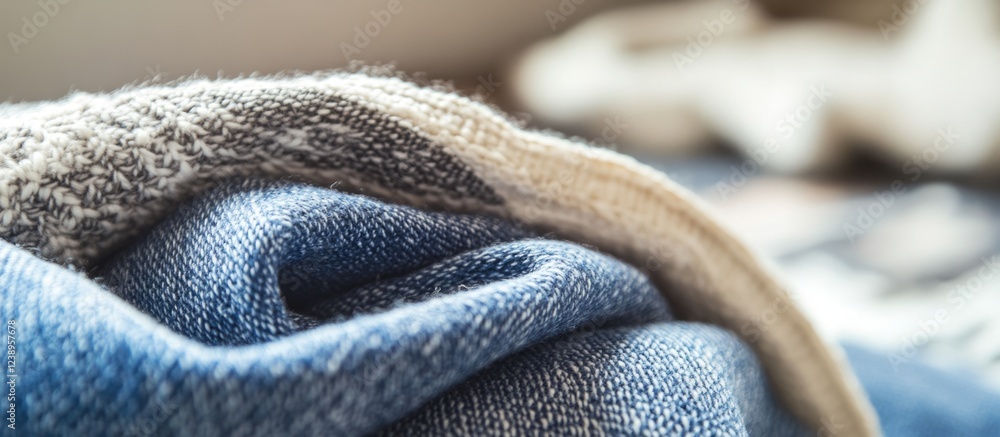 Poster close-up of folded denim and textured fabric on a soft surface with blurred background and natural l