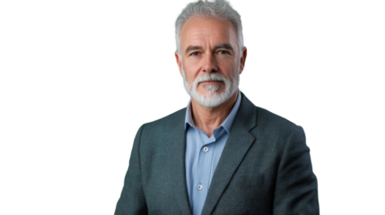 Senior businessman with white beard posing on transparent background