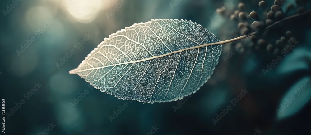 Poster Close-up view of a transparent leaf with intricate vein patterns against a blurred natural background with soft light Copy Space