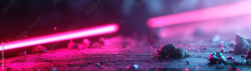 Poster a captivating dark background features glitch-like red and pink neon lines scattered with fragments.
