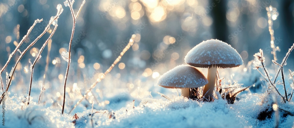 Poster mushrooms in a snowy forest with frost on grass and twinkling lights in the background suitable for 