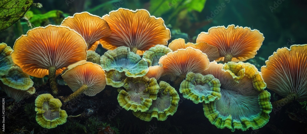 Poster colorful mushroom colony with intricate patterns and textures growing on forest floor. nature backgr
