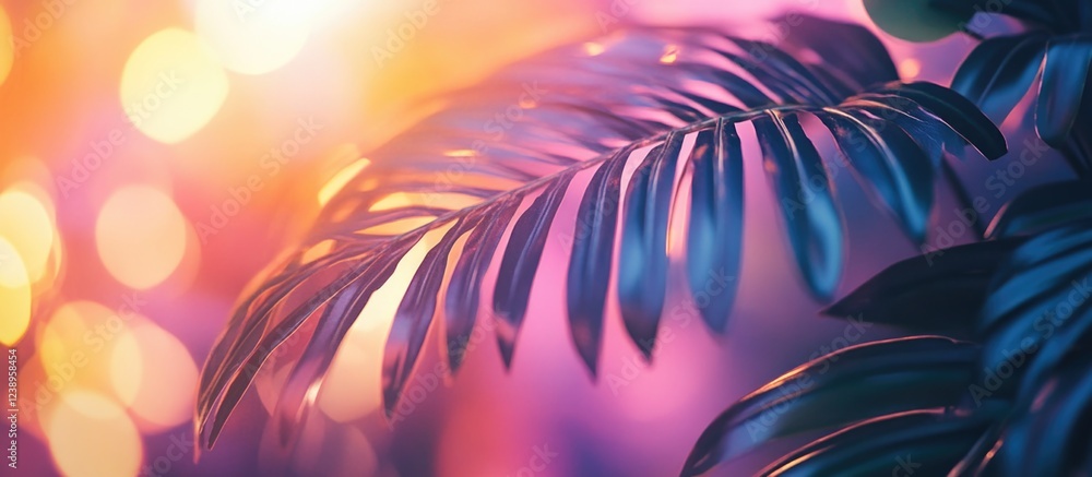 Poster close-up of tropical palm leaves with colorful bokeh background and soft lighting copy space