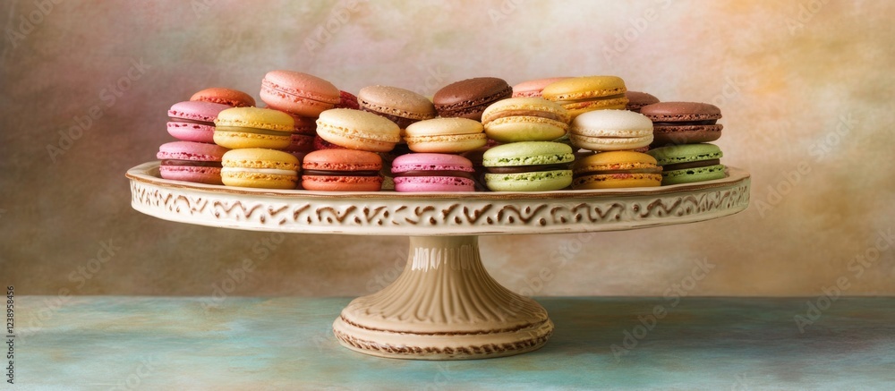 Aufkleber colorful macarons arranged on an elegant cake stand with a textured background showcasing soft paste