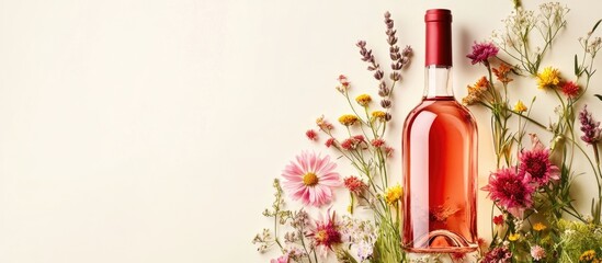 Rose wine bottle surrounded by colorful flowers on light background with Copy Space for text