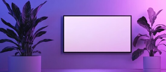 Modern living room with large empty screen on wall surrounded by decorative potted plants illuminated with purple lighting Copy Space