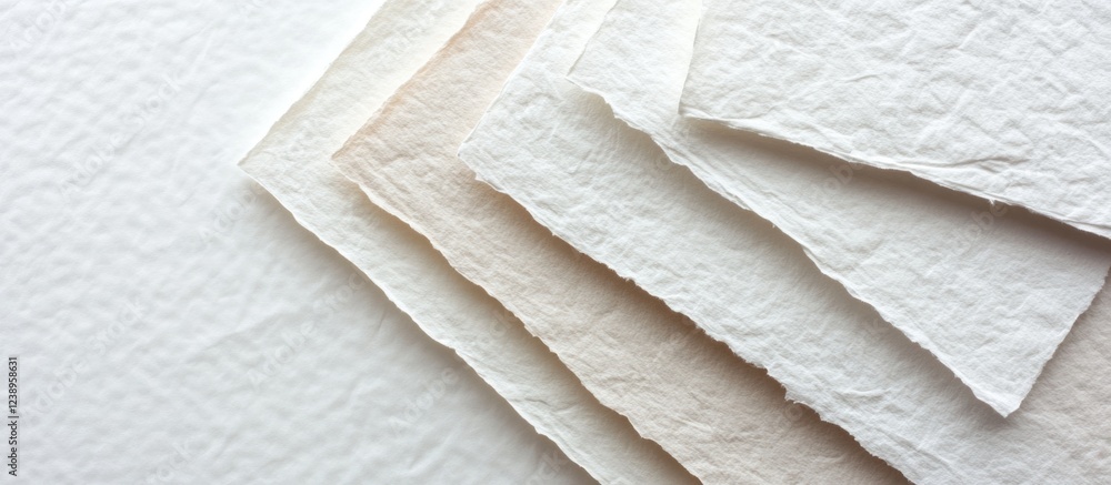 Poster textured sheets of handmade paper in soft neutral colors arranged in a stack on a light background c