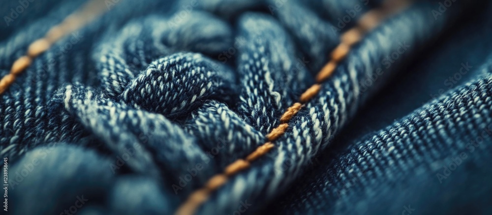 Poster close-up texture of blue denim fabric showing intricate woven pattern and stitching detail with warm